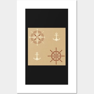 Pattern of anchors and compass roses on light gamboge Posters and Art